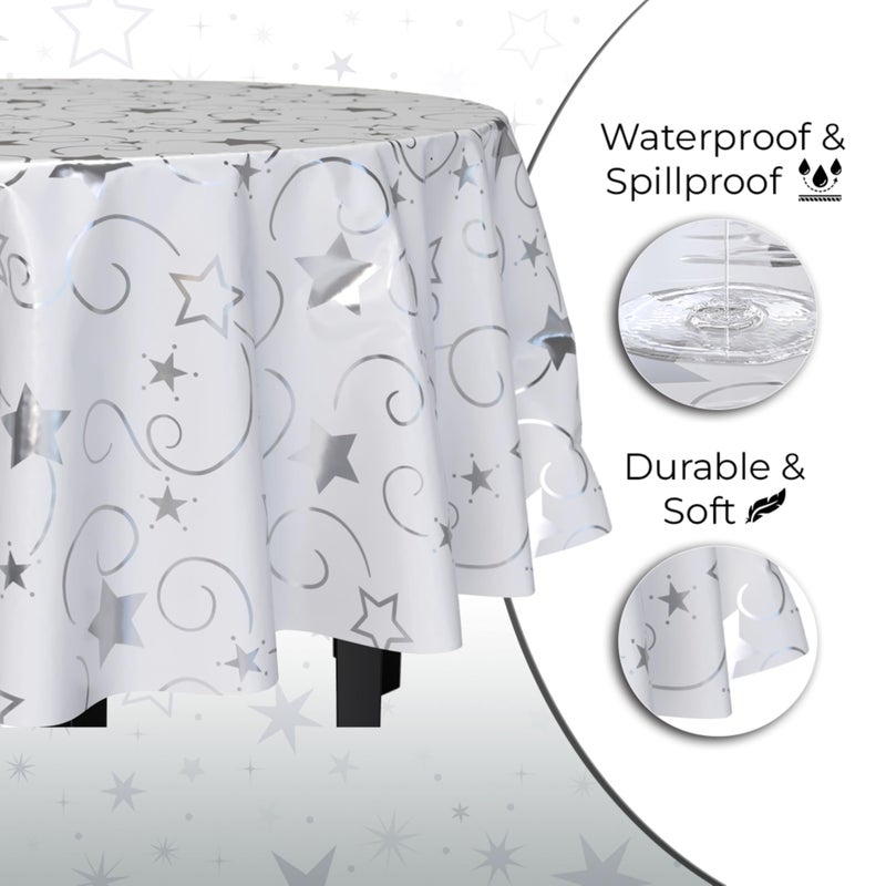 Exquisite Silver Star Tablecloth Plastic 12-Pack Disposable Round Tablecloths 84" Silver Star Table Cloths Round Table Covers Plastic Tablecloth for Party Decorations - Image 4